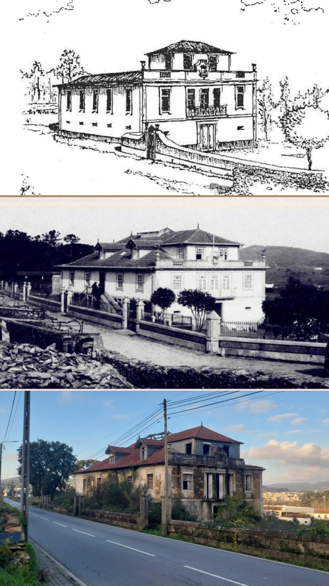 Evolução ao longo do tempo da Casa do Paço. a) final século XIX, António-Manuel Rosas Leitão Barbosa em LIMA, 1984; b) inícios séc. XX, imagem fornecida por Maria Madalena Lima c) dezembro, 2022, @Vera Lamas.